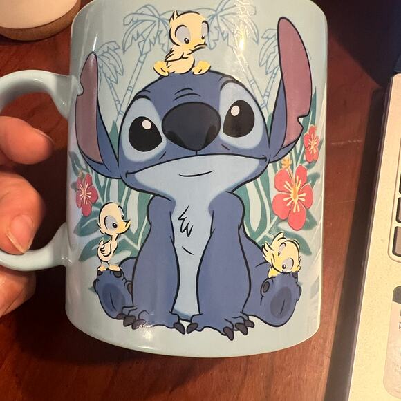 Stitch Mug with Baby Ducks Disney Disneyland Blue XL Coffee Cup Floral Tropical - Picture 1 of 8